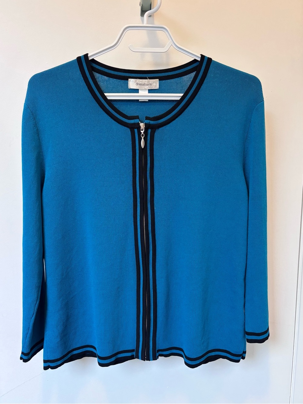 dressbarn Teal Zip-Front Cardigan with Black Trim
